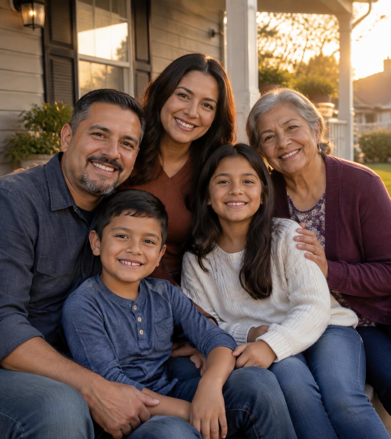 Familia latina sonriendo frente a su hogar