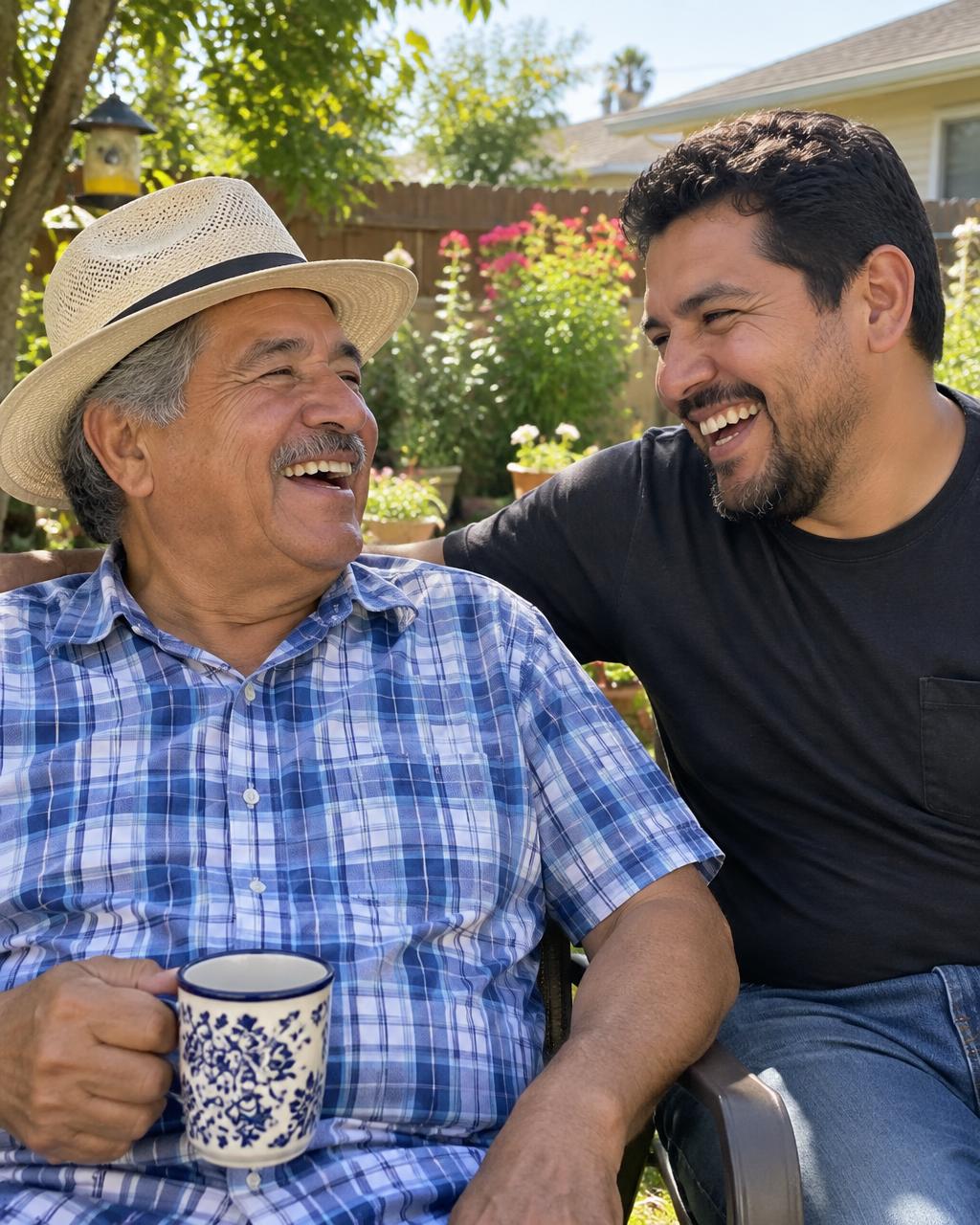 Padre e hijo latinos riendo en el jardín